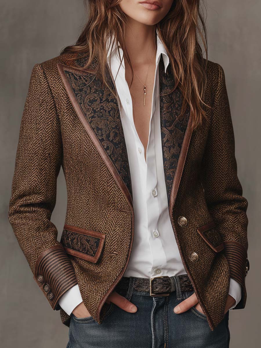 Women’s Tweed Blazer – Artistic Printed Panel Tailored Jacket with Lapel & Pocket Detail Vintage Chic Outerwear