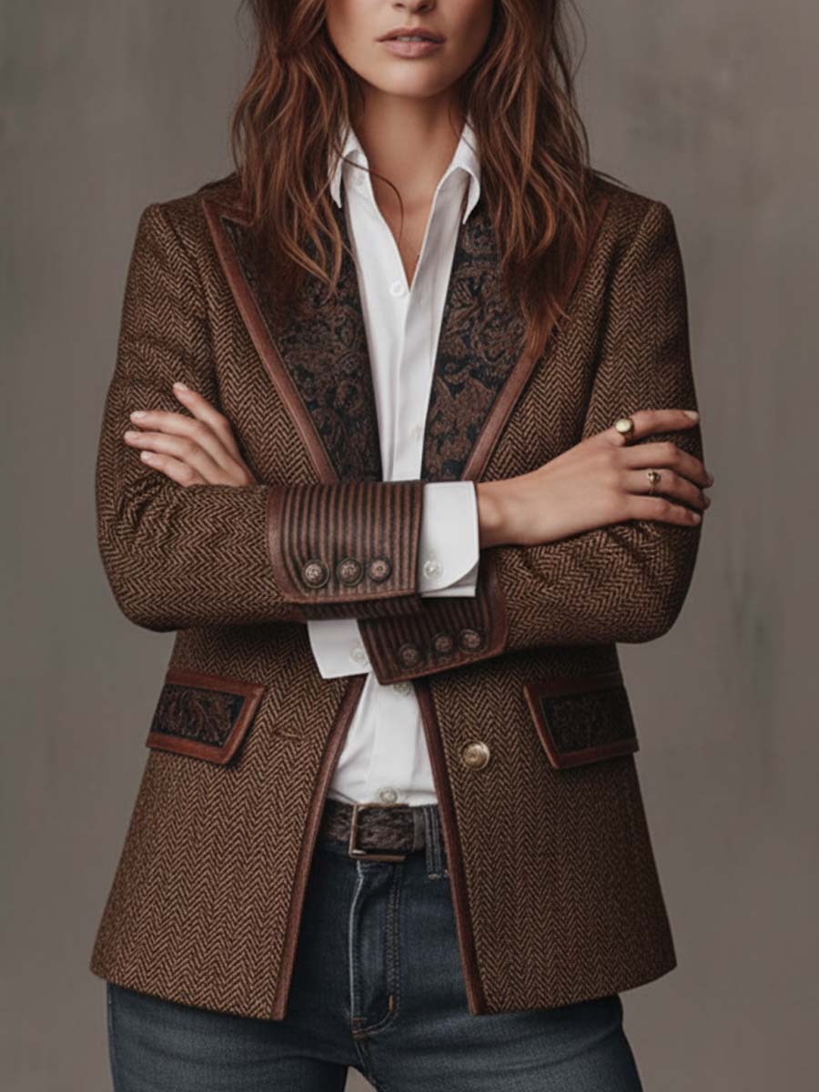 Women’s Tweed Blazer – Artistic Printed Panel Tailored Jacket with Lapel & Pocket Detail Vintage Chic Outerwear