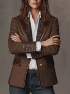 Women’s Tweed Blazer – Artistic Printed Panel Tailored Jacket with Lapel & Pocket Detail Vintage Chic Outerwear