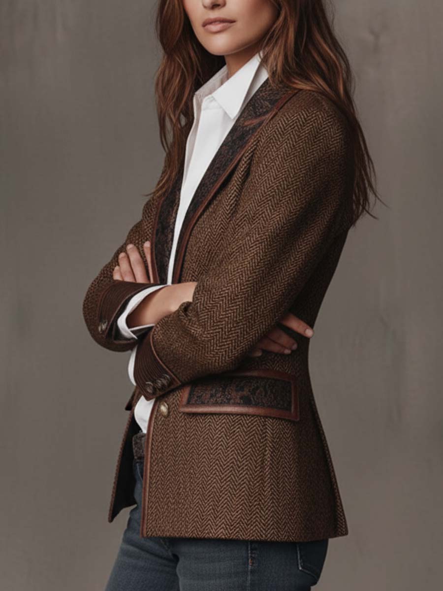 Women’s Tweed Blazer – Artistic Printed Panel Tailored Jacket with Lapel & Pocket Detail Vintage Chic Outerwear