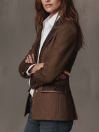 Women’s Tweed Blazer – Artistic Printed Panel Tailored Jacket with Lapel & Pocket Detail Vintage Chic Outerwear