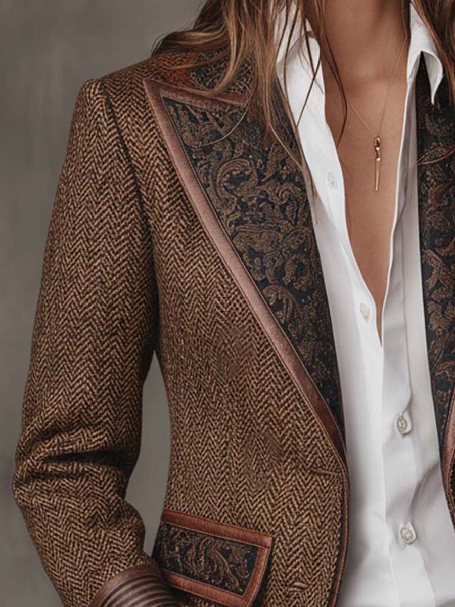 Women’s Tweed Blazer – Artistic Printed Panel Tailored Jacket with Lapel & Pocket Detail Vintage Chic Outerwear