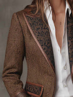 Women’s Tweed Blazer – Artistic Printed Panel Tailored Jacket with Lapel & Pocket Detail Vintage Chic Outerwear