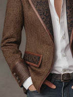 Women’s Tweed Blazer – Artistic Printed Panel Tailored Jacket with Lapel & Pocket Detail Vintage Chic Outerwear