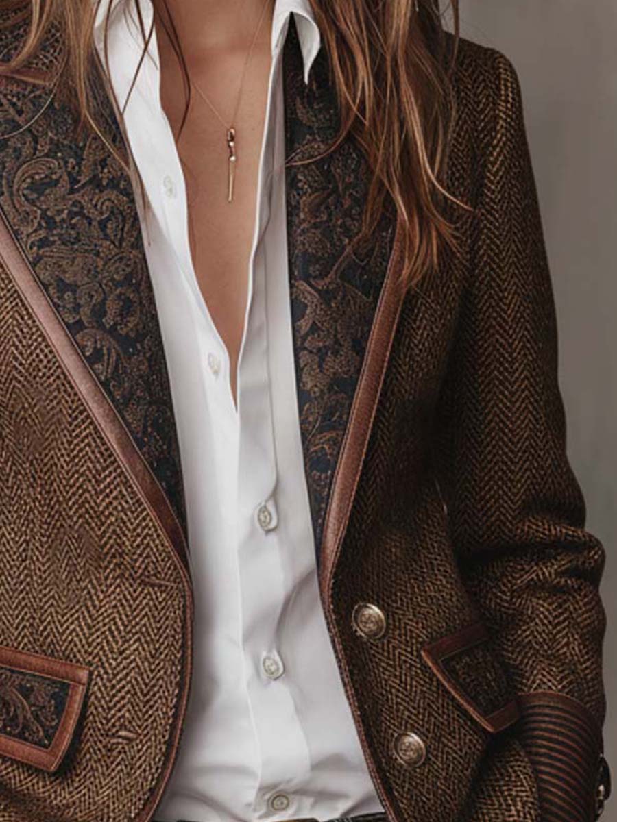 Women’s Tweed Blazer – Artistic Printed Panel Tailored Jacket with Lapel & Pocket Detail Vintage Chic Outerwear