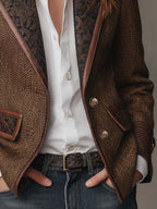 Women’s Tweed Blazer – Artistic Printed Panel Tailored Jacket with Lapel & Pocket Detail Vintage Chic Outerwear