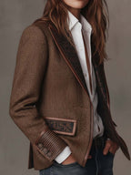 Women’s Tweed Blazer – Artistic Printed Panel Tailored Jacket with Lapel & Pocket Detail Vintage Chic Outerwear