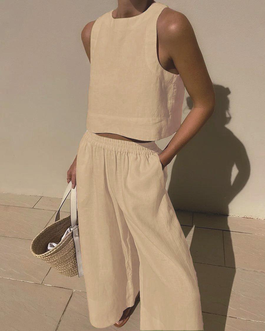 Women’s Sleeveless Two-Piece Set – Chic Solid Color Casual Cotton Outfit for Everyday & Summer Wear