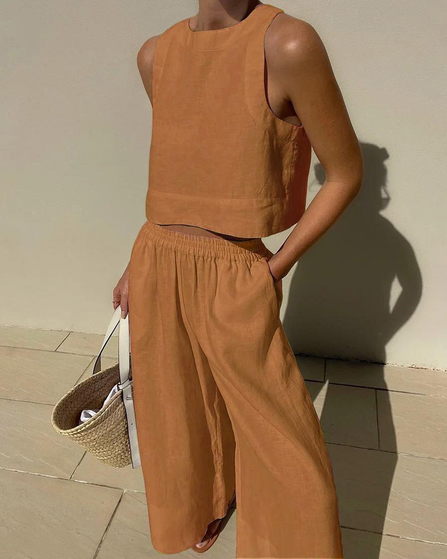 Women’s Sleeveless Two-Piece Set – Chic Solid Color Casual Cotton Outfit for Everyday & Summer Wear