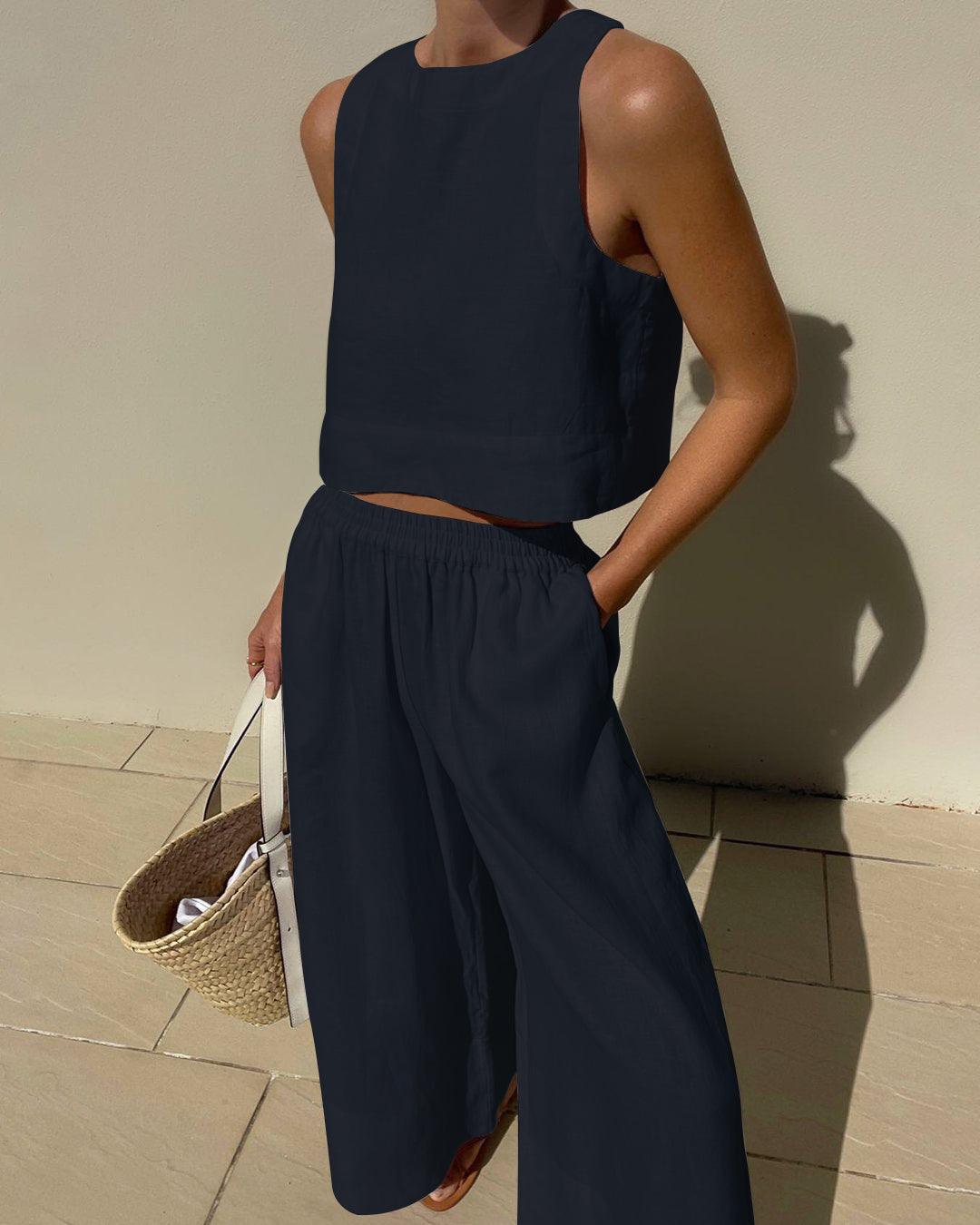 Women’s Sleeveless Two-Piece Set – Chic Solid Color Casual Cotton Outfit for Everyday & Summer Wear