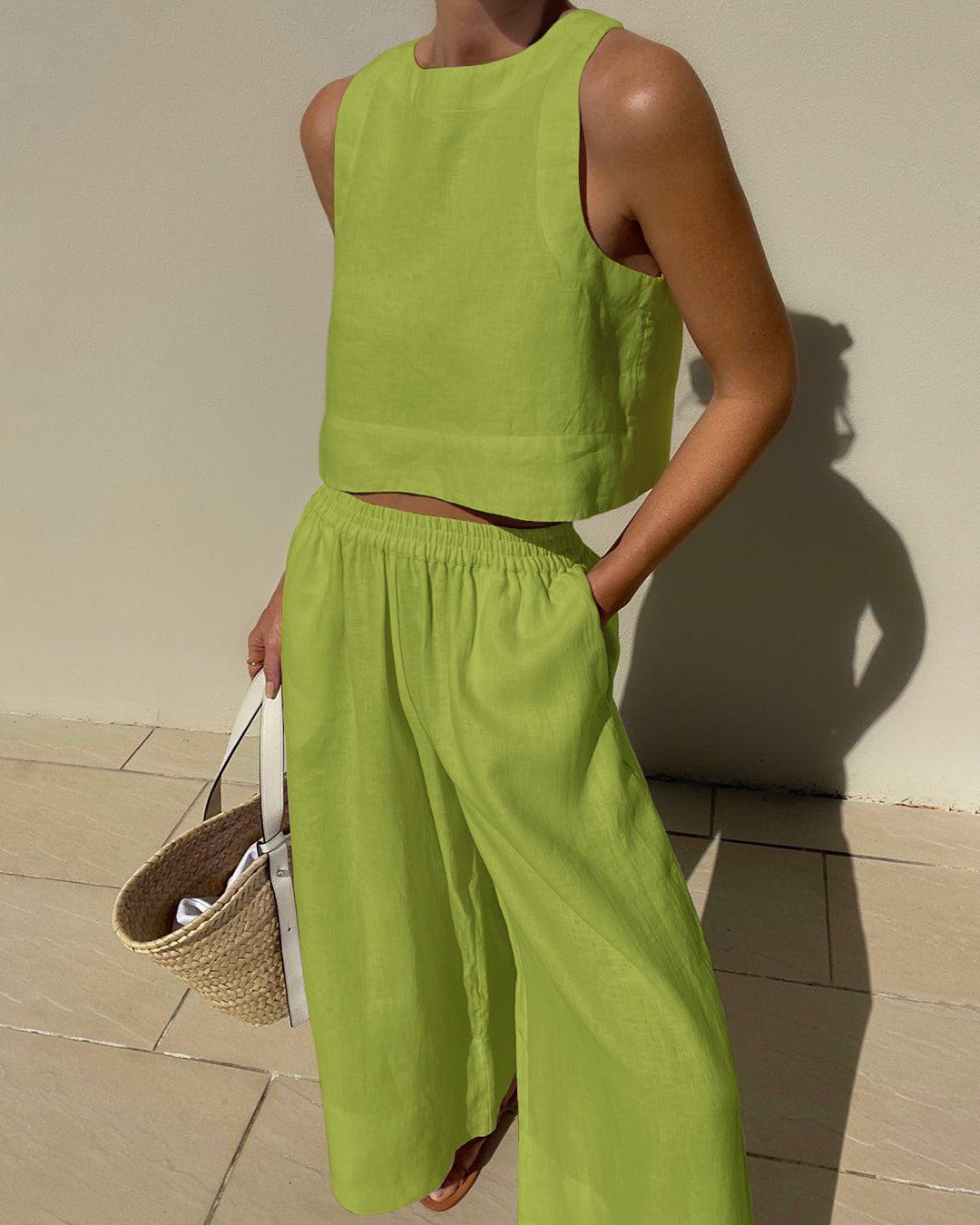 Women’s Sleeveless Two-Piece Set – Chic Solid Color Casual Cotton Outfit for Everyday & Summer Wear
