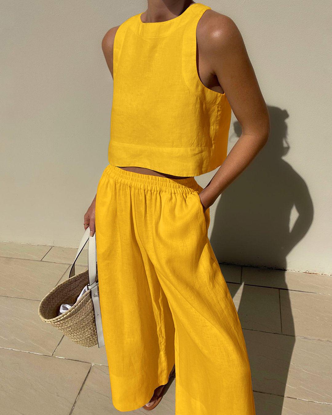 Women’s Sleeveless Two-Piece Set – Chic Solid Color Casual Cotton Outfit for Everyday & Summer Wear