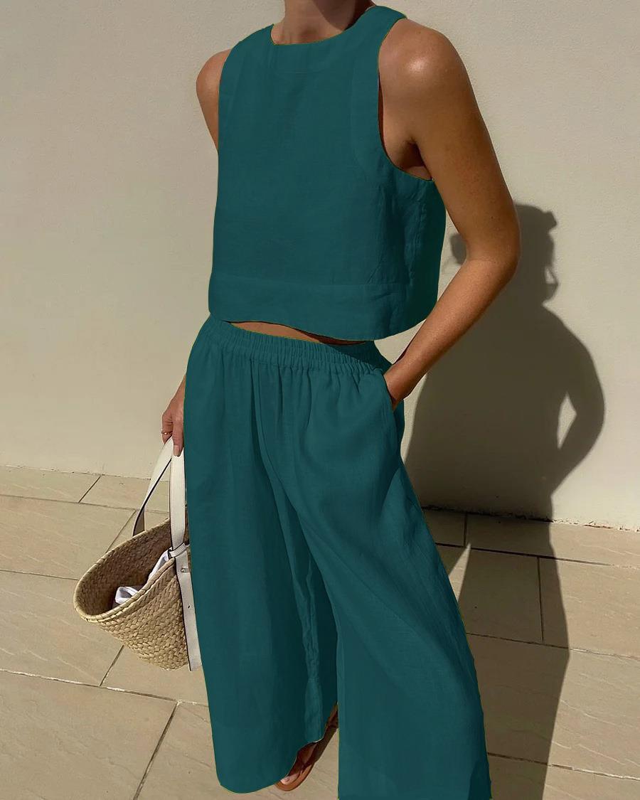 Women’s Sleeveless Two-Piece Set – Chic Solid Color Casual Cotton Outfit for Everyday & Summer Wear