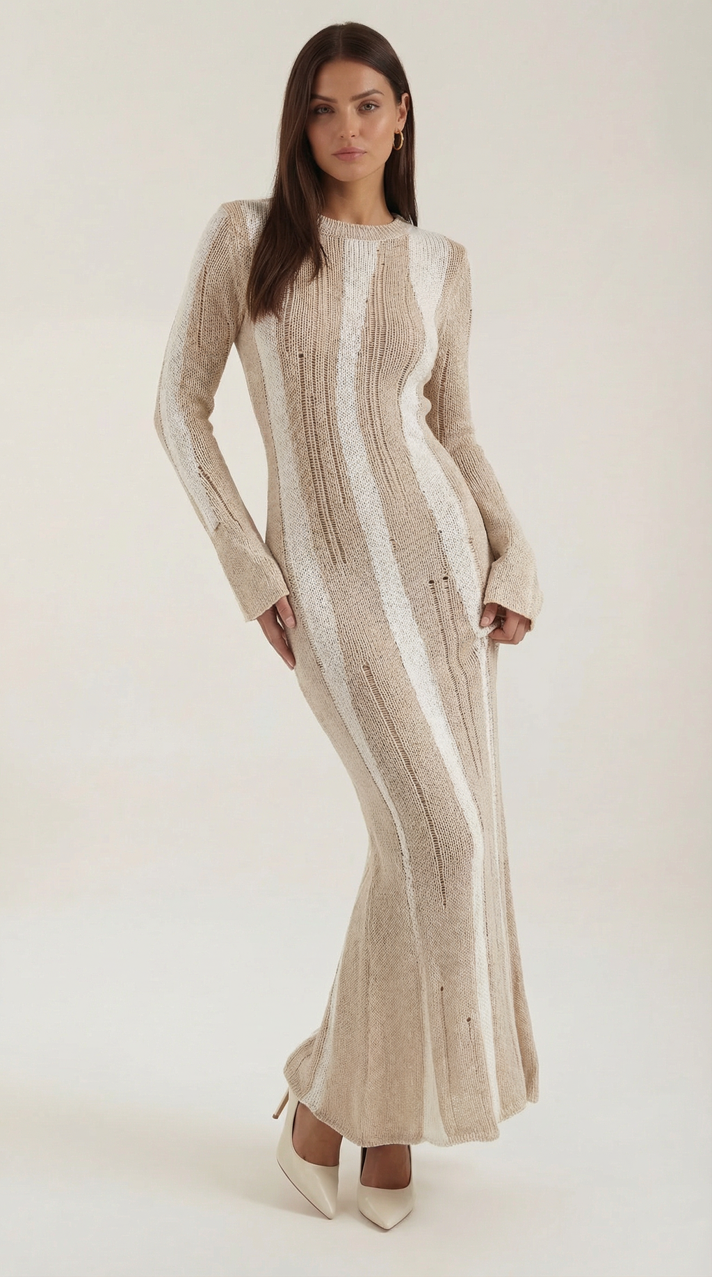 Tamsin Shimmer Knit Maxi Dress – Striped Stretch Floor-Length Elegant Dress