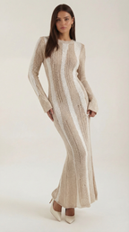 Tamsin Shimmer Knit Maxi Dress – Striped Stretch Floor-Length Elegant Dress