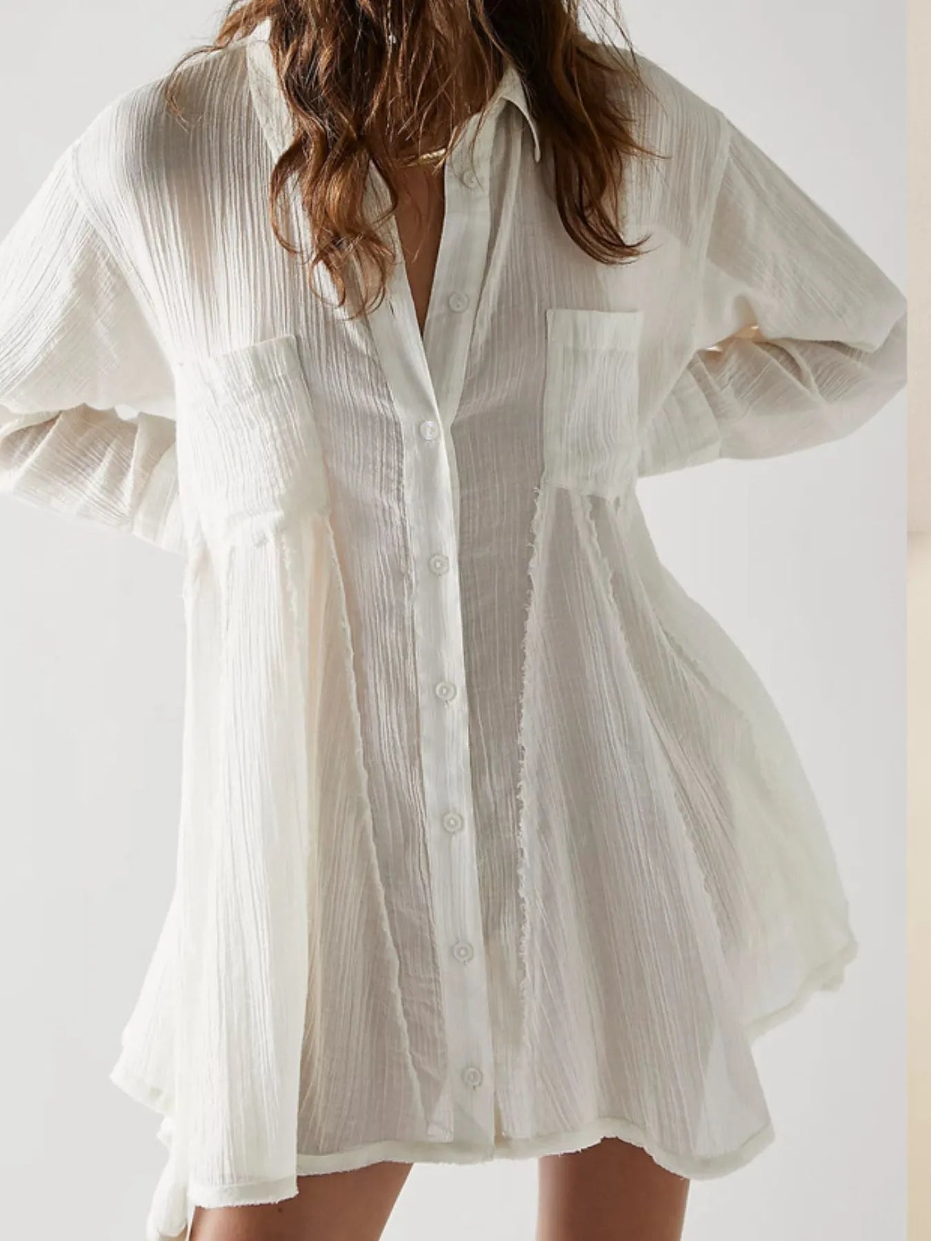 Textured Linen Shirt Dress with Button Design & Pockets for Effortless Chic