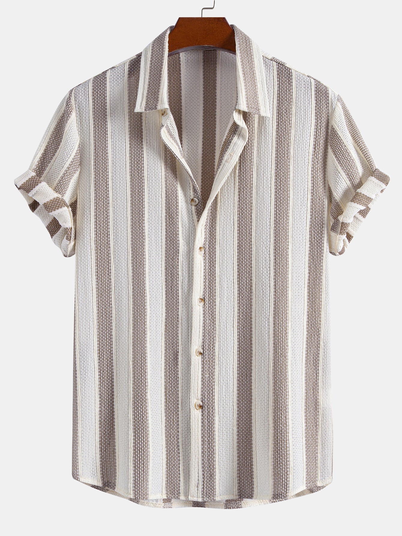 Men’s Textured Knit Camp Collar Shirt – Striped Short Sleeve Casual Vacation Button-Up Summer Shirt