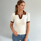 Women’s Ribbed Knit Polo Top with Contrast Collar – Chic Short Sleeve Casual & Smart-Casual Shirt