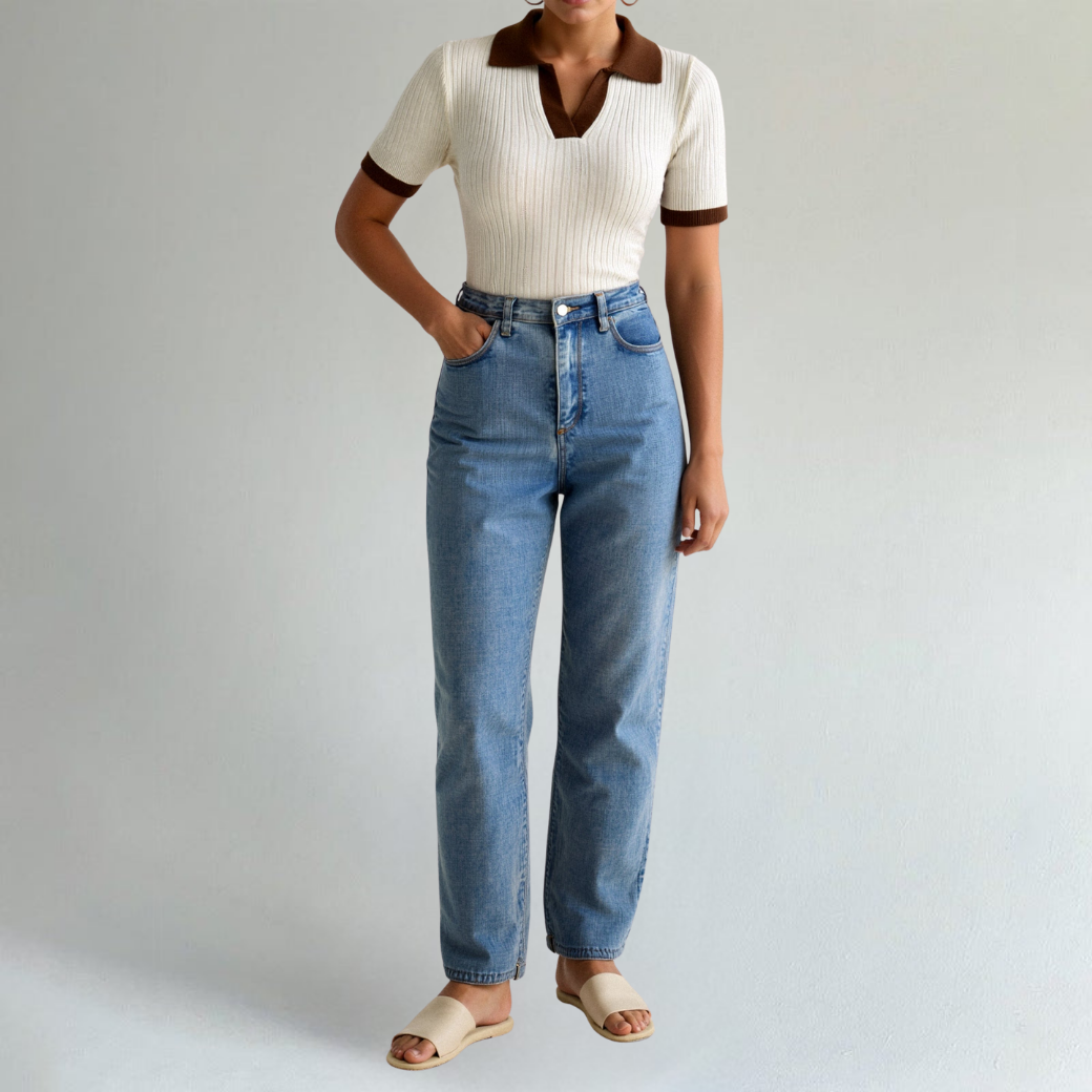 Women’s Ribbed Knit Polo Top with Contrast Collar – Chic Short Sleeve Casual & Smart-Casual Shirt
