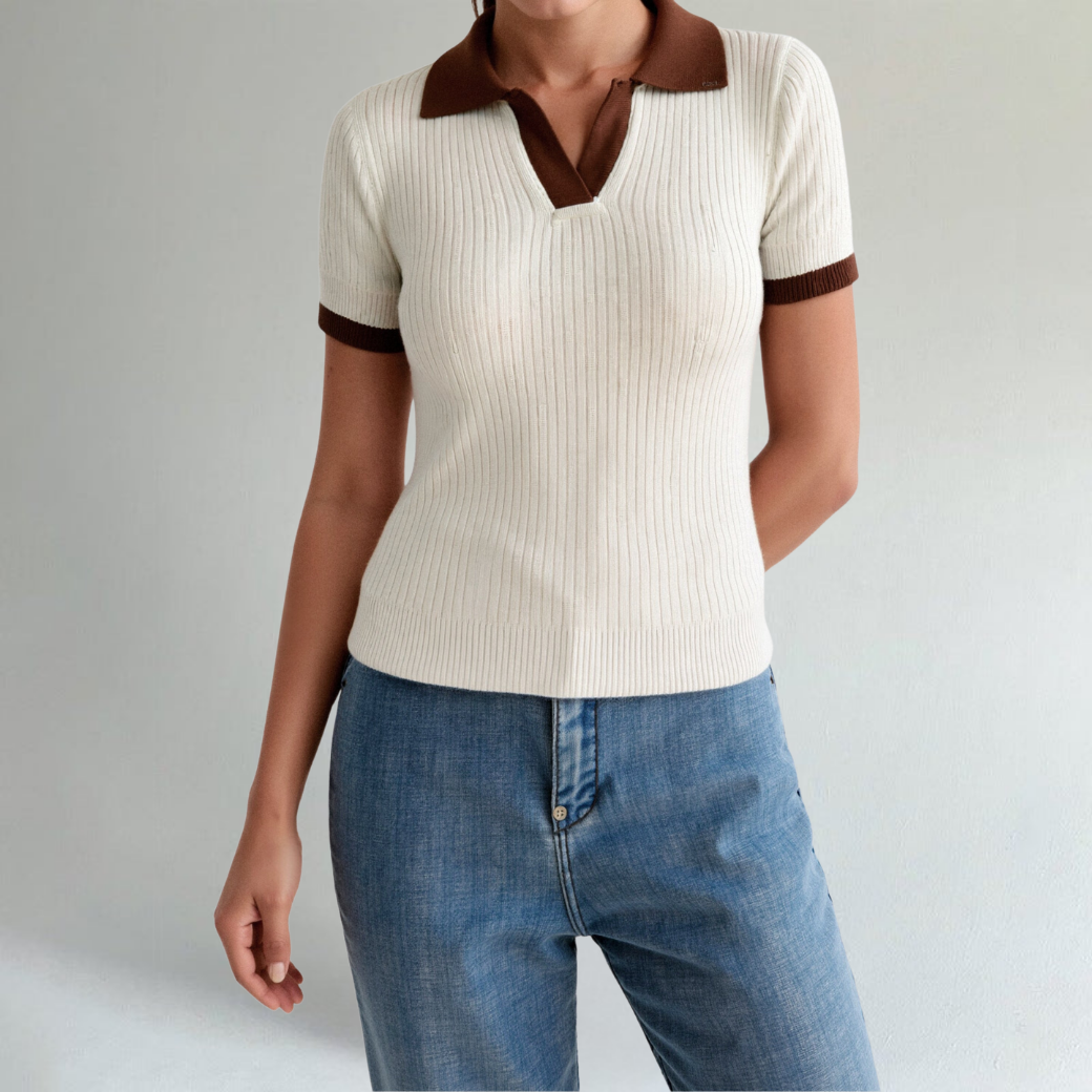 Women’s Ribbed Knit Polo Top with Contrast Collar – Chic Short Sleeve Casual & Smart-Casual Shirt
