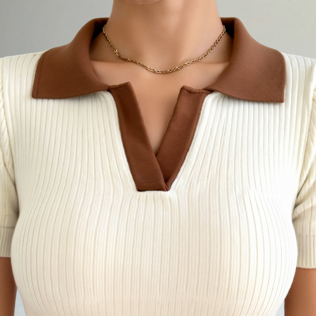 Women’s Ribbed Knit Polo Top with Contrast Collar – Chic Short Sleeve Casual & Smart-Casual Shirt
