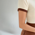 Women’s Ribbed Knit Polo Top with Contrast Collar – Chic Short Sleeve Casual & Smart-Casual Shirt