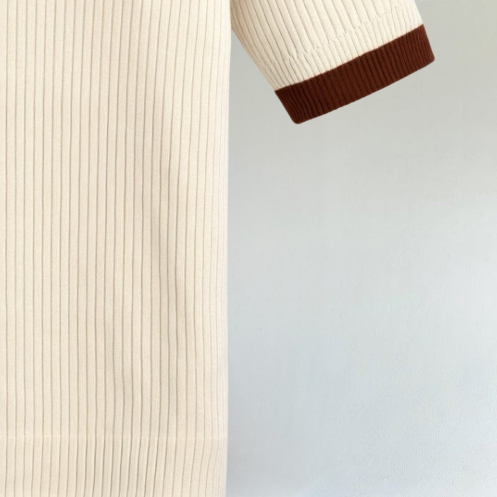 Women’s Ribbed Knit Polo Top with Contrast Collar – Chic Short Sleeve Casual & Smart-Casual Shirt