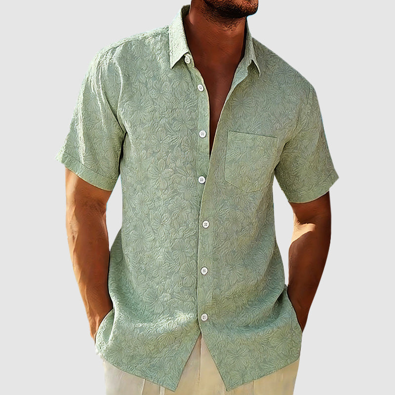Men’s Textured Floral Cotton-Linen Shirt – Short Sleeve Summer Essential