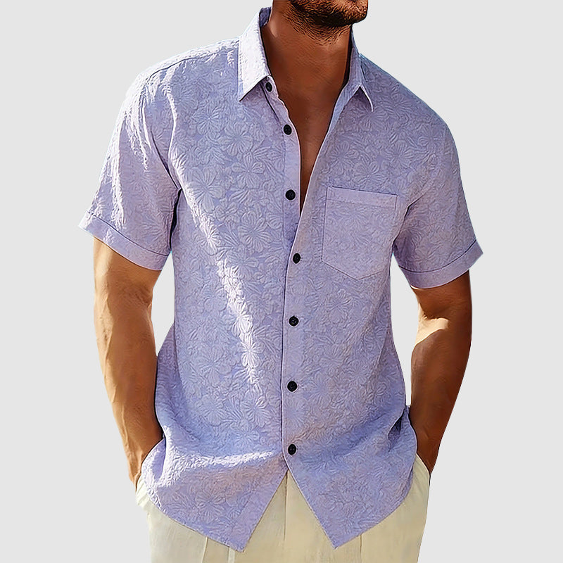 Men’s Textured Floral Cotton-Linen Shirt – Short Sleeve Summer Essential