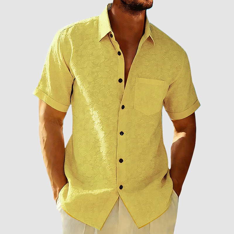 Men’s Textured Floral Cotton-Linen Shirt – Short Sleeve Summer Essential