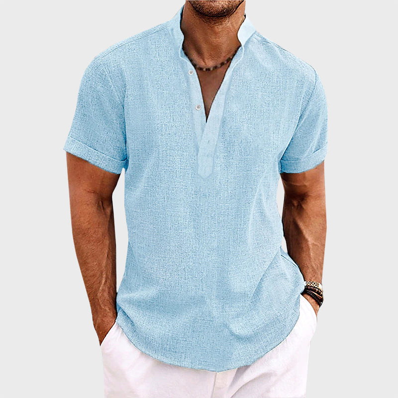 Men’s Short Sleeve Henley Shirt – Cotton Linen Blend Casual Summer Top