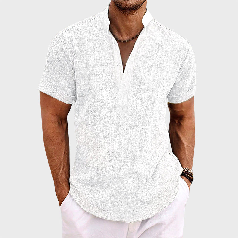 Men’s Short Sleeve Henley Shirt – Cotton Linen Blend Casual Summer Top