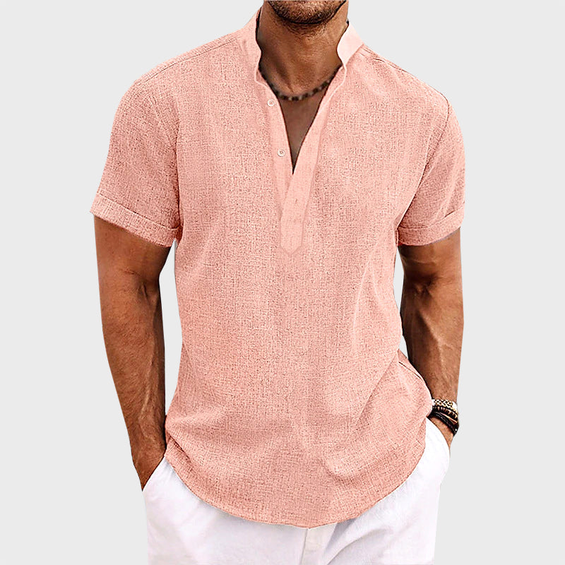 Men’s Short Sleeve Henley Shirt – Cotton Linen Blend Casual Summer Top