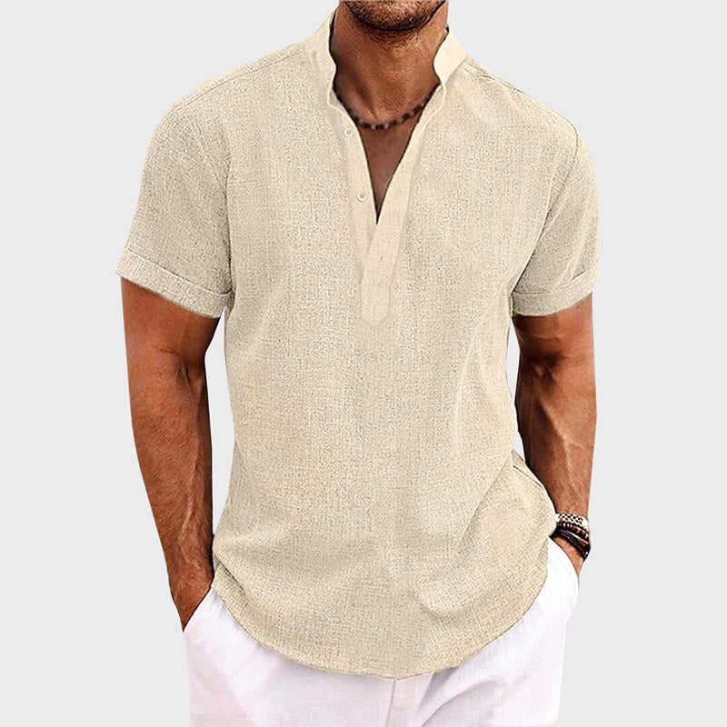 Men’s Short Sleeve Henley Shirt – Cotton Linen Blend Casual Summer Top