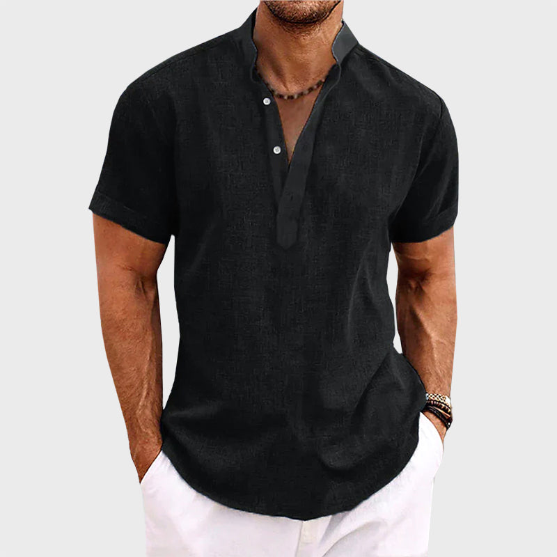 Men’s Short Sleeve Henley Shirt – Cotton Linen Blend Casual Summer Top