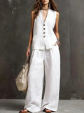 Women’s Minimalist Two-Piece Linen Blend Set – V-Neck Button Top & Wide-Leg Pants Co-Ord Outfit for Casual Chic Style
