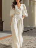 Women’s White Elegant Jumpsuit with Belt – V-Neck Lantern Sleeve Wide-Leg Formal & Casual Chic One-Piece Outfit