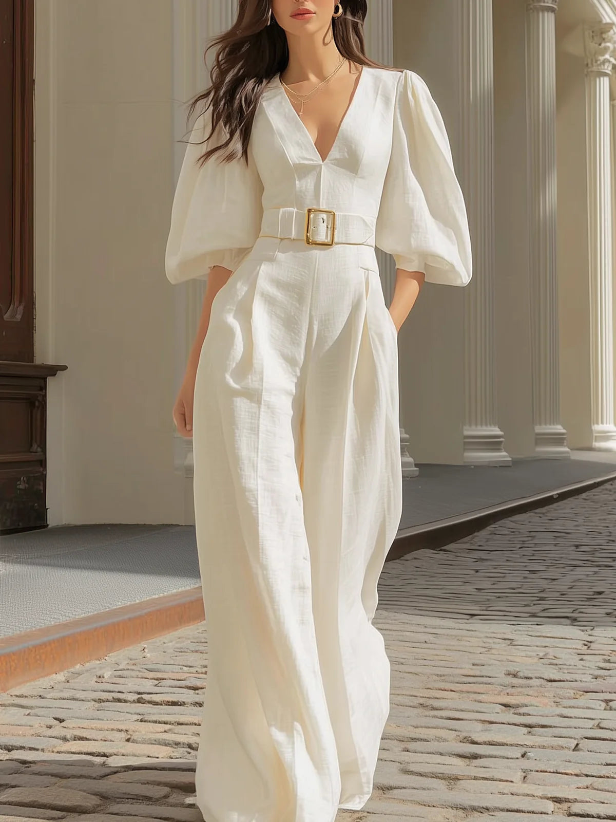 Women’s White Elegant Jumpsuit with Belt – V-Neck Lantern Sleeve Wide-Leg Formal & Casual Chic One-Piece Outfit