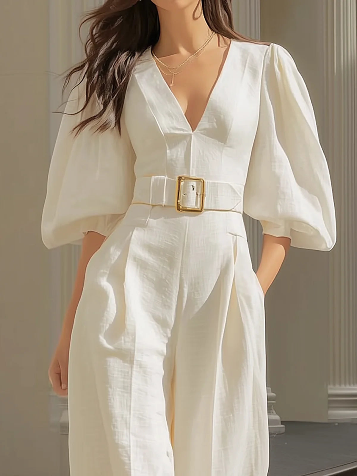 Women’s White Elegant Jumpsuit with Belt – V-Neck Lantern Sleeve Wide-Leg Formal & Casual Chic One-Piece Outfit