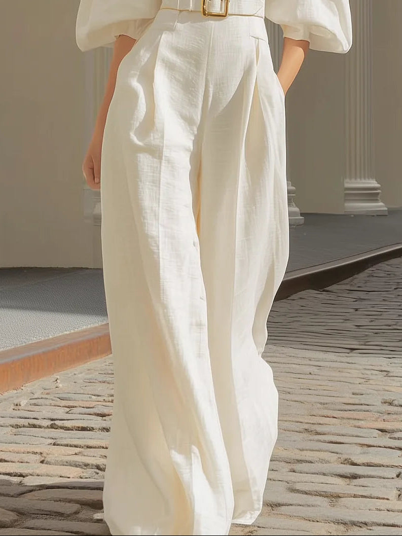 Women’s White Elegant Jumpsuit with Belt – V-Neck Lantern Sleeve Wide-Leg Formal & Casual Chic One-Piece Outfit