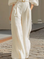 Women’s White Elegant Jumpsuit with Belt – V-Neck Lantern Sleeve Wide-Leg Formal & Casual Chic One-Piece Outfit