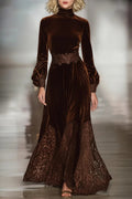 Women’s Velvet Maxi Dress with Lace – High Neck Balloon Sleeve Elegant Long Dress for Evening & Special Occasions