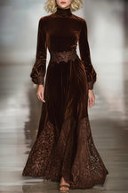 Women’s Velvet Maxi Dress with Lace – High Neck Balloon Sleeve Elegant Long Dress for Evening & Special Occasions