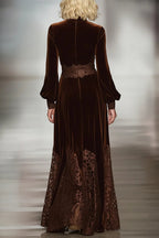 Women’s Velvet Maxi Dress with Lace – High Neck Balloon Sleeve Elegant Long Dress for Evening & Special Occasions
