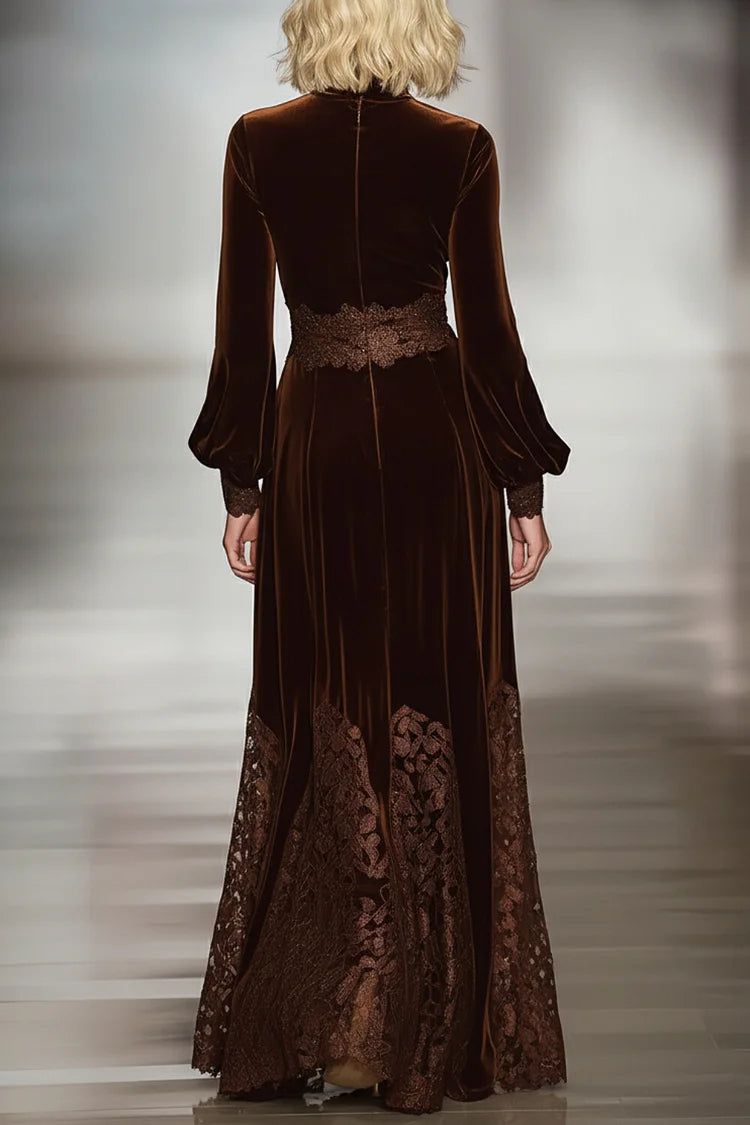 Women’s Velvet Maxi Dress with Lace – High Neck Balloon Sleeve Elegant Long Dress for Evening & Special Occasions