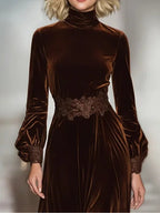 Women’s Velvet Maxi Dress with Lace – High Neck Balloon Sleeve Elegant Long Dress for Evening & Special Occasions
