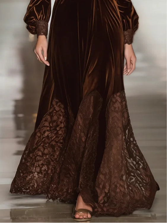 Women’s Velvet Maxi Dress with Lace – High Neck Balloon Sleeve Elegant Long Dress for Evening & Special Occasions