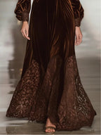 Women’s Velvet Maxi Dress with Lace – High Neck Balloon Sleeve Elegant Long Dress for Evening & Special Occasions