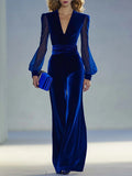 Women’s Velvet V-Neck Jumpsuit – Long Sheer Mesh Sleeve Elegant Retro-Inspired One-Piece
