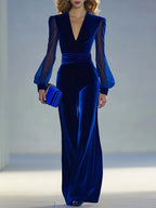 Women’s Velvet V-Neck Jumpsuit – Long Sheer Mesh Sleeve Elegant Retro-Inspired One-Piece